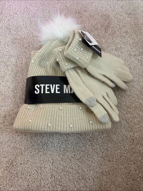 Steve Madden Cream Knit Pom Beanie and Pearl-Accent Gloves